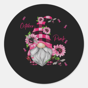 Sticker Rond En Octobre Nous Portons Pink Gnome Certifié Cancer