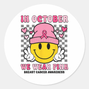 Sticker Rond En Octobre Nous Portons Pink Ribbon Ghost Hallowee