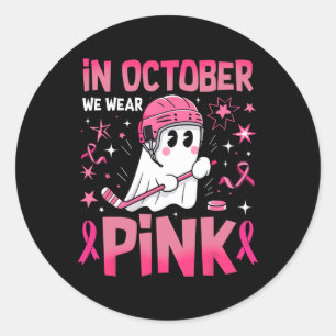 Sticker Rond En Octobre Nous Portons Rose Ghost Hockey Cancer d
