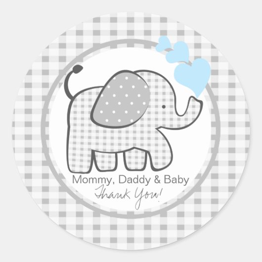 Sticker Rond en vichy Eléphant aux Coeurs Bleus (Devant)
