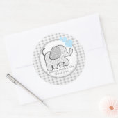 Sticker Rond en vichy Eléphant aux Coeurs Bleus (Enveloppe)