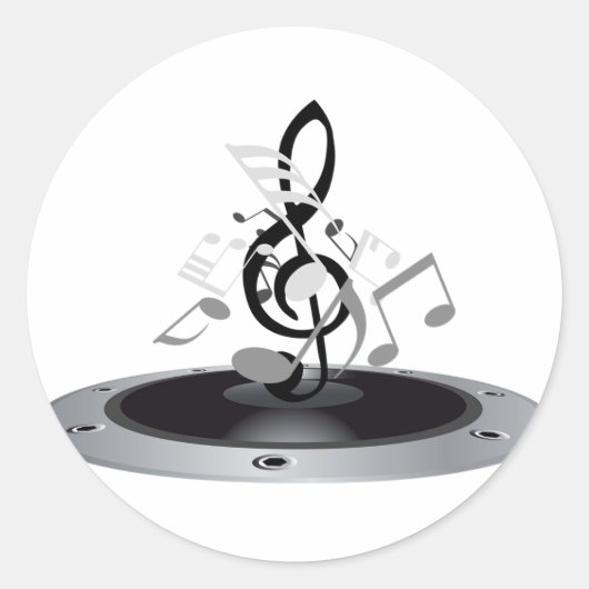 Sticker Rond Enceinte à notes de musique noires et argentées (Devant)