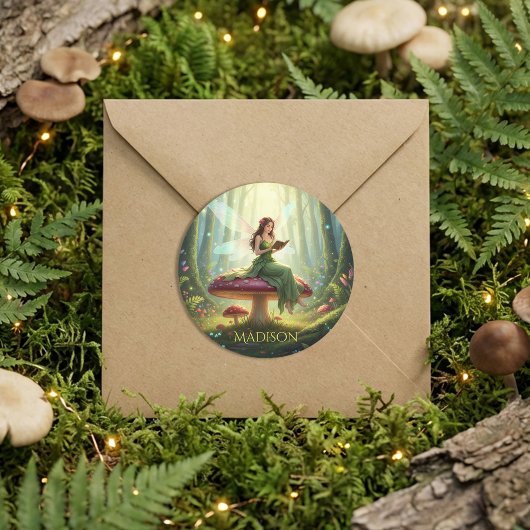 Sticker Rond Enchanted Day Fairy Reading a Book