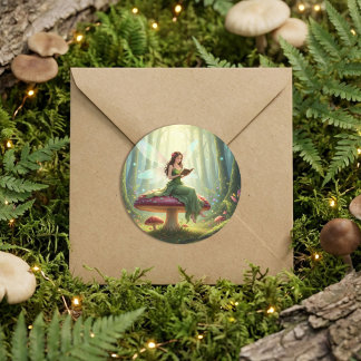 Sticker Rond Enchanted Day Fairy Reading a Book