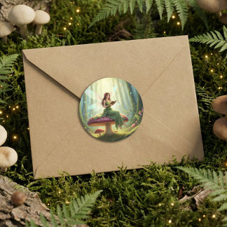 Sticker Rond Enchanted Day Fairy Reading a Book