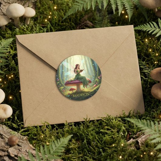 Sticker Rond Enchanted Day Fairy Reading a Book