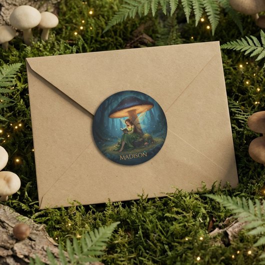 Sticker Rond Enchanted Night Fairy Reading a Book