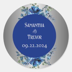 Sticker Rond Enchantement Élégant : Argent et Bleu Monogrammé
