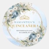 Sticker Rond Enchanting Dusty Blue Gold Greenery Quinceañera   (Devant)
