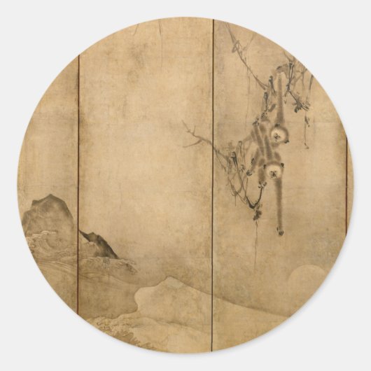 Sticker Rond Encre japonaise sur papier Gibbons Primates & Pays (Devant)
