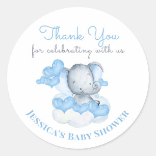 Sticker Rond Enfant éléphant avec Coeurs Bleus - Merci