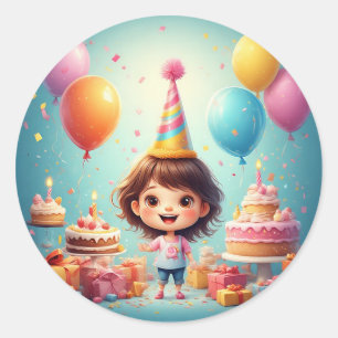 Sticker Rond Enfant joyeux célébrant son anniversaire avec un g
