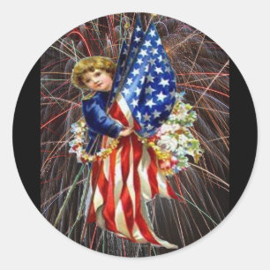 Sticker Rond Enfant patriotique vintage et feux d'artifice