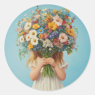 Sticker Rond Enfant tenant un bouquet Fleur sauvage luxuriant