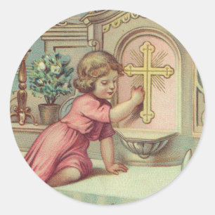 Sticker Rond Enfant Vintage catholique à l'autel de Tabernacle