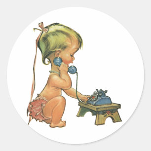 Sticker Rond Enfant Vintage Mignonne Fille Blonde Parlant sur u