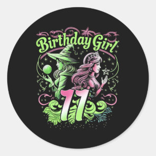 Sticker Rond Enfants 11e Anniversaire Sorcière rose et vert 11