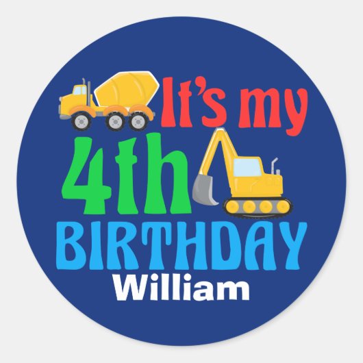 Sticker Rond Enfants 4e anniversaire Boy Construction Véhicule  (Devant)
