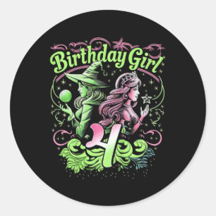 Sticker Rond Enfants 4e Anniversaire Sorcière rose et vert 4 An