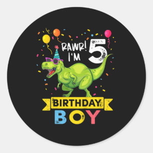 Sticker Rond Enfants 5 ans 5e anniversaire garçon T Rex Dinosau