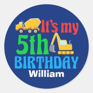 Sticker Rond Enfants 5e Construction Véhicules Garçons fête d'a