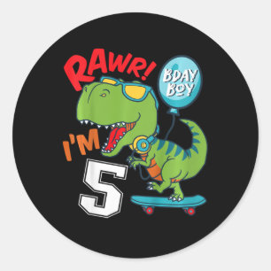 Sticker Rond Enfants 5ème Anniversaire 5 Ans Garçon T-rex Skate