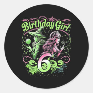Sticker Rond Enfants 6e Anniversaire Sorcière rose et verte 6 A