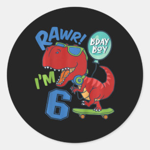 Sticker Rond Enfants 6ème Anniversaire 6 Ans Garçon Rouge T-rex
