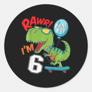 Sticker Rond Enfants 6ème Anniversaire 6 Ans Garçon T-rex Skate
