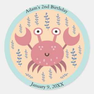 Sticker Rond Enfants crabe rouge soyeux sous la mer Anniversair