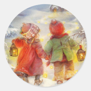 Sticker Rond Enfants de Noël Vintage Marchant Dans La Neige
