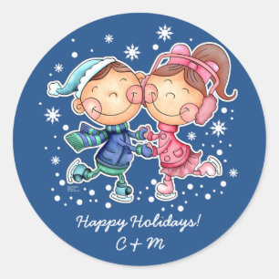 Sticker Rond Enfants de patinage   Monogrammes personnalisés N
