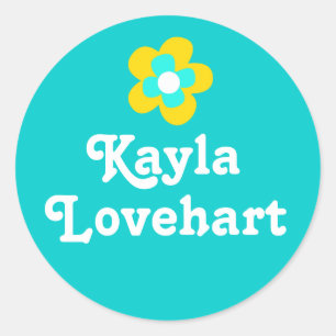 Sticker Rond Enfants id nommé jaune aqua blanc filles autocolla