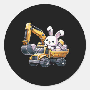 Sticker Rond Enfants Lapin de Pâques Excavatrice Joyeuse fête d