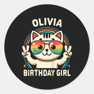 Sticker Rond Enfants Nom Olivia Anniversaire Fille Chat