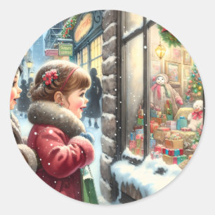 Sticker Rond Enfants regardant dans une fenêtre de Noël