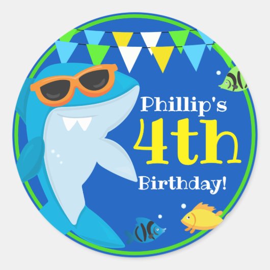 Sticker Rond Enfants requin bleu Fintastic Anniversaire (Devant)