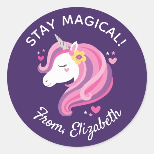 Sticker Rond Enfants Rose Unicorne Visage Valentines Jour Class (Devant)