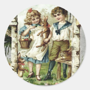 Sticker Rond Enfants victoriens Easter Bunny Chick Egg Birdhh