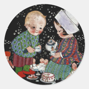Sticker Rond Enfants vintage ayant une fausse partie de thé