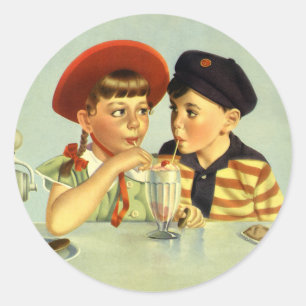 Sticker Rond Enfants vintage, garçon et fille partageant un sha