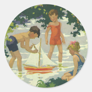 Sticker Rond Enfants vintage jouant avec des voiliers jouets su