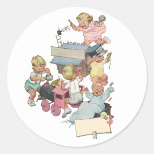 Sticker Rond Enfants vintages s'amusant Jouer avec des trains d