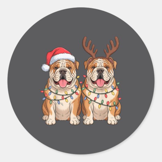 Sticker Rond English Bulldog Christmas Santa Hat Reindeer Light (Devant)