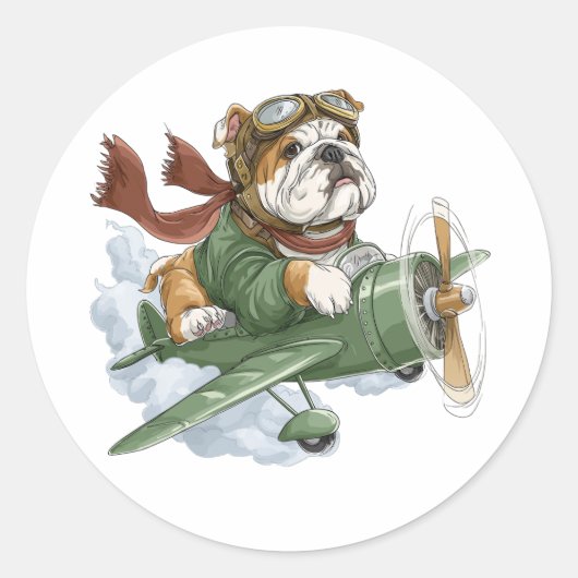 Sticker Rond English Bulldog Pilot Airplane (Devant)