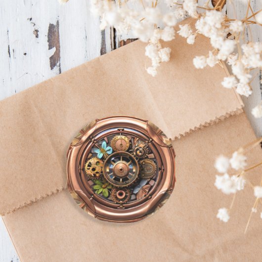 Sticker Rond Engrenages et fleurs Steampunk Métal cuivre et or