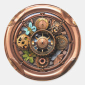 Sticker Rond Engrenages et fleurs Steampunk Métal cuivre et or (Devant)