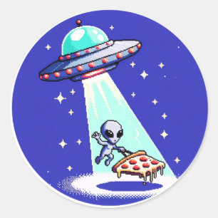 Sticker Rond Enlèvement de pizza Alien - Drôle Pixel Art UFO De