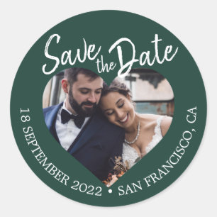 Sticker Rond Enregistrer la date Coeur Photo Vert foncé