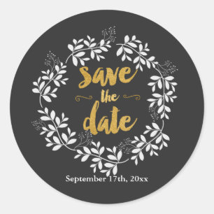 Sticker Rond ENREGISTRER LA DATE Couronne de feuilles moderne A